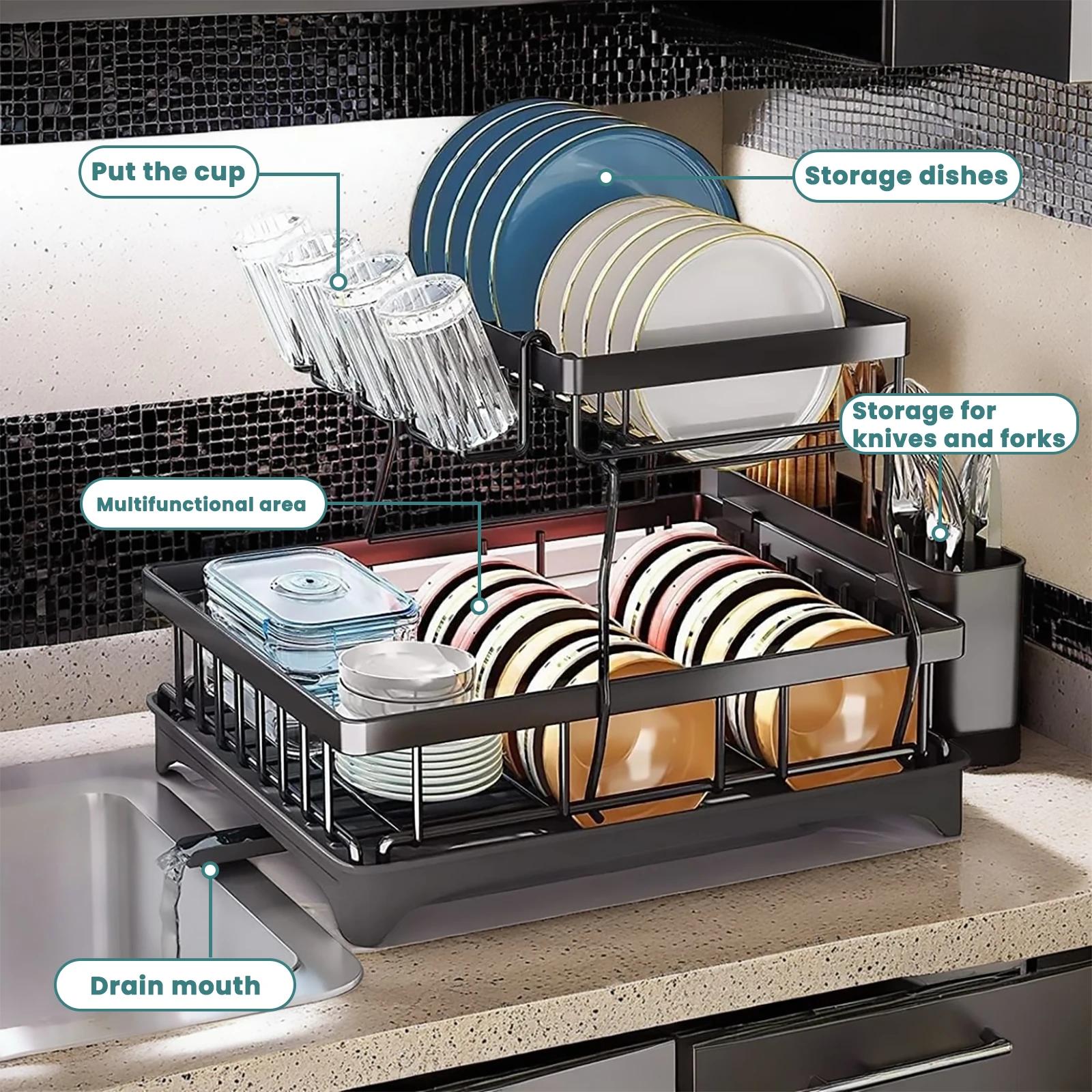 Support de rangement de cuisine, égouttoir à vaisselle à 2 niveaux avec bac d'égouttage et tapis d'é