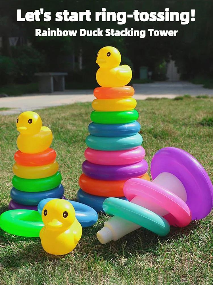 Canard jaune arc-en-ciel tour empilé cercle jouet en plastique arc-en-ciel cercle jouet cercle lance