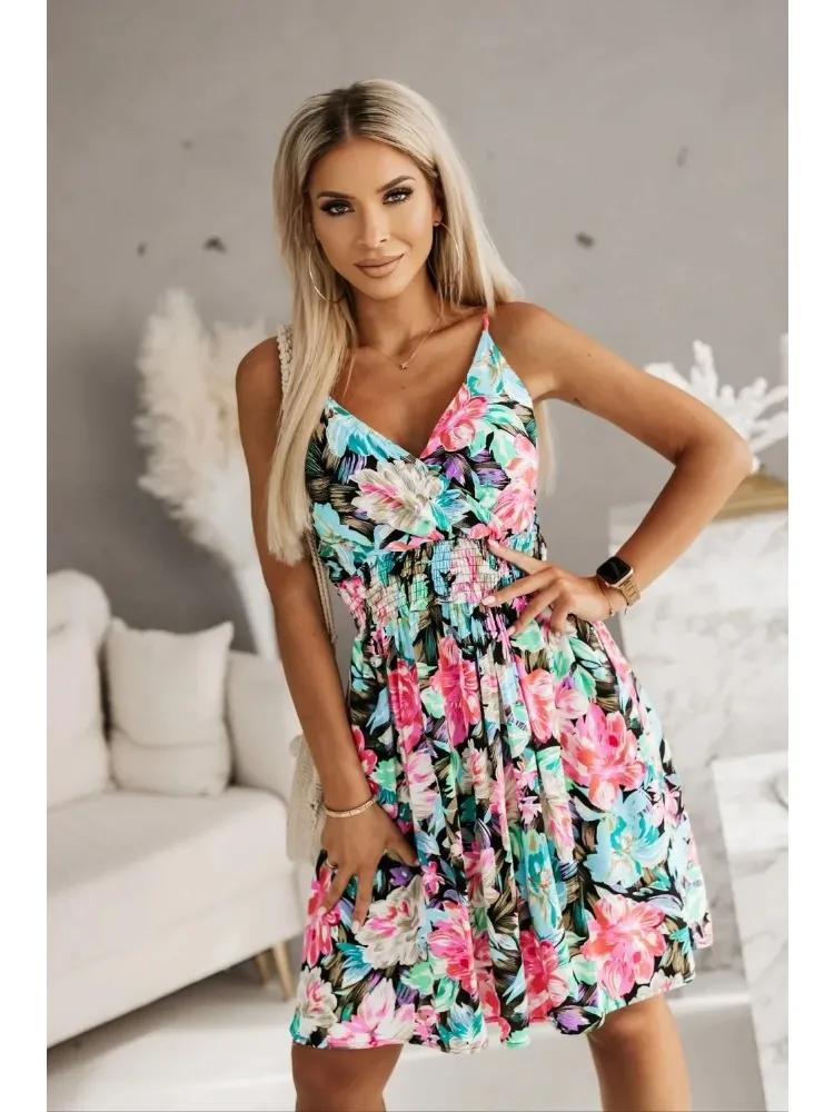 Robe d'été plissée ronde pour femmes, nouvelle mode, imprimé floral, sexy, bretelles spaghetti, robe