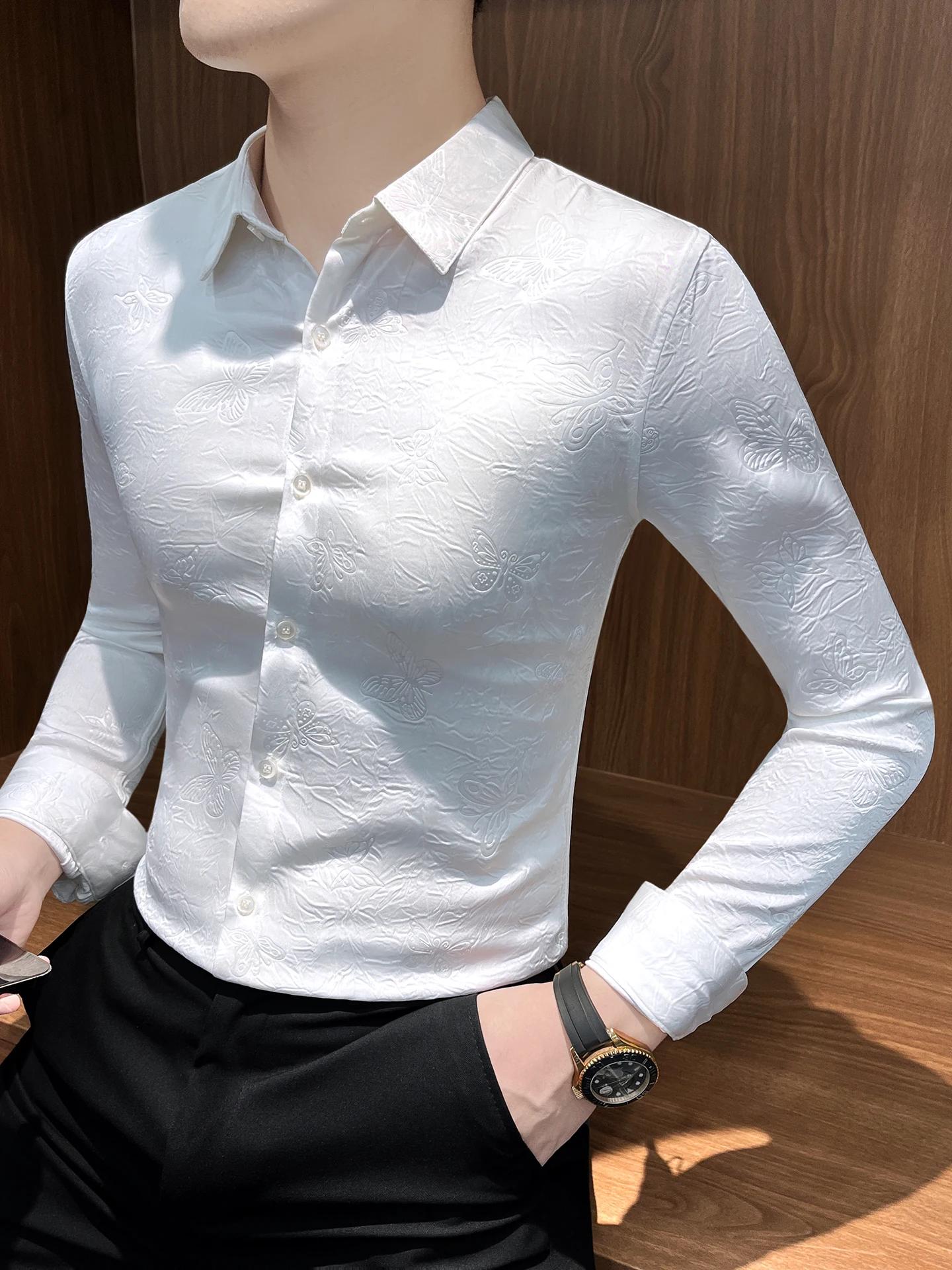 Chemise Jacquard papillon à manches longues pour hommes, tenue d'affaires décontractée, Slim Fit, St