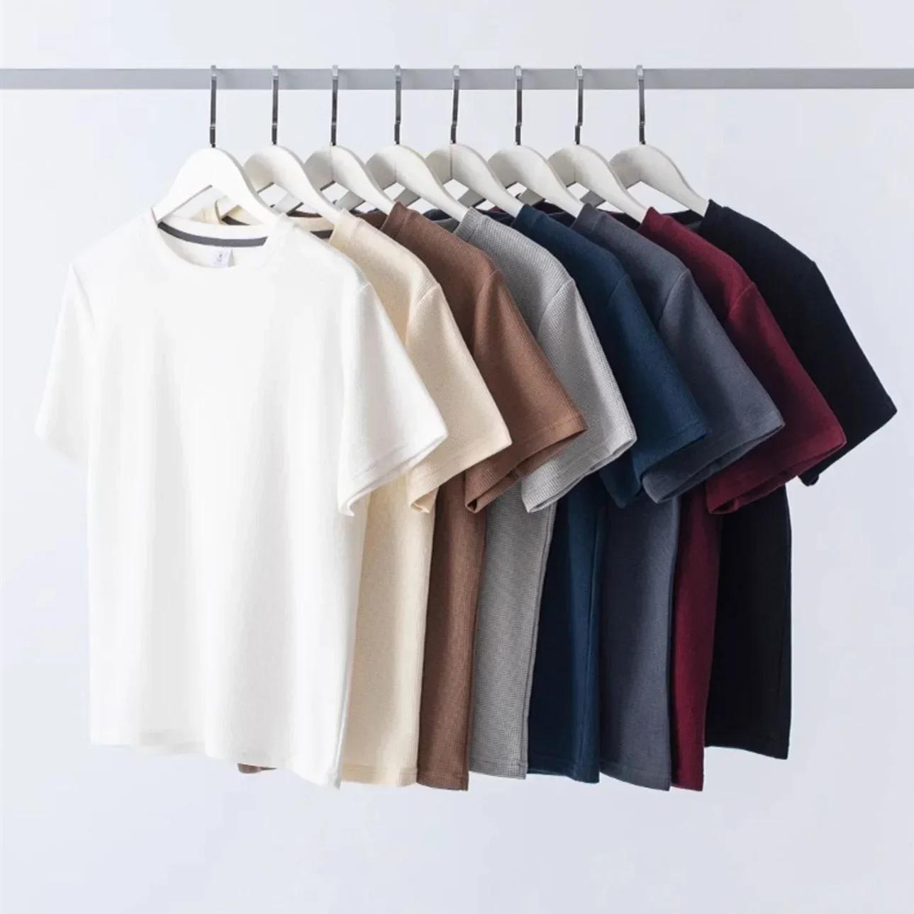 1 pièces hommes T-Shirt d'été homme à manches courtes gaufré solide T-Shirt mâle couleur unie T-Shir