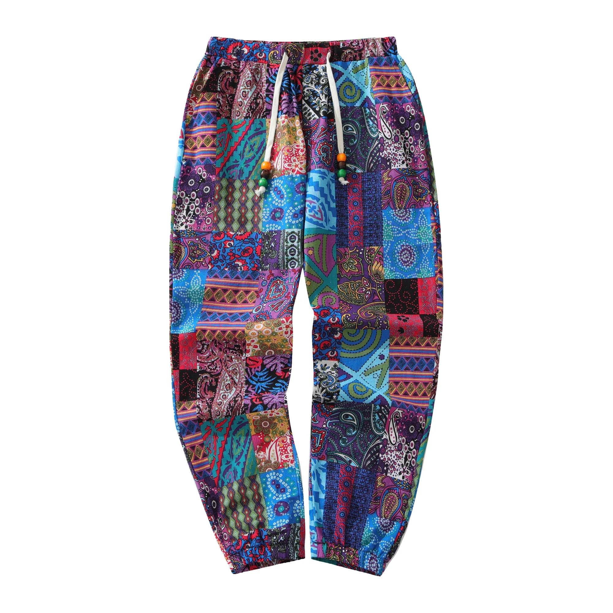 Pantalon Décontracté en Coton et Lin pour Homme, Imprimé Paisley Ethnique, Taille Moyenne, avec Ferm