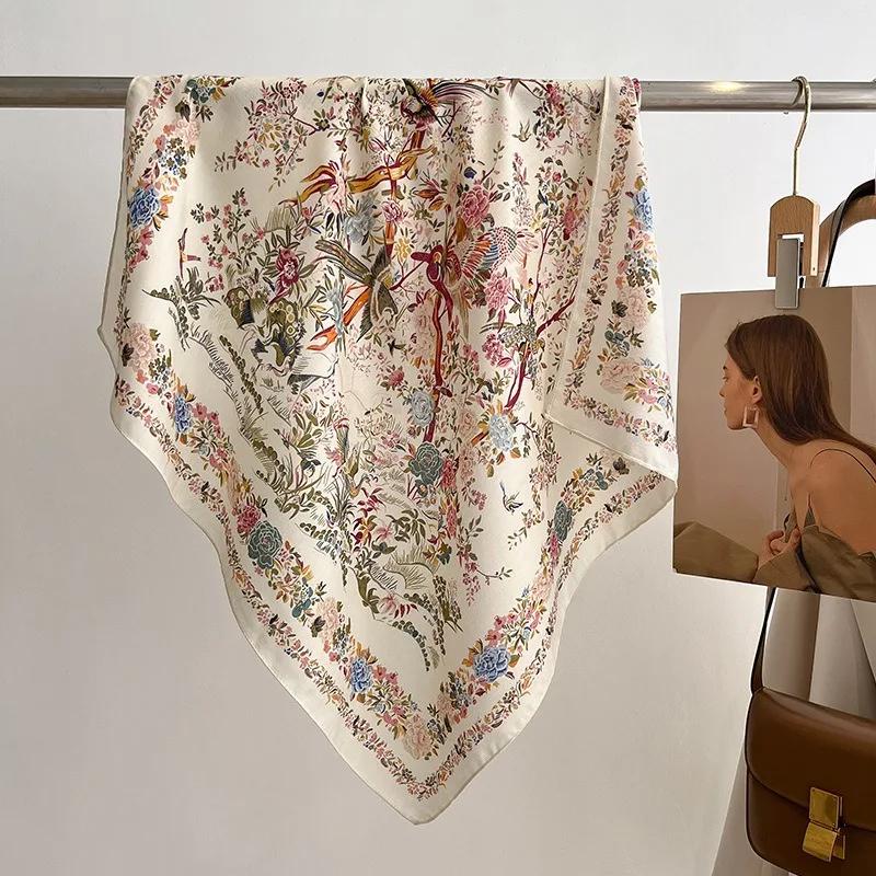 70x70 cm Simple élégance Floral oiseau imprimé foulard en soie lyrique velours Style coréen campagne