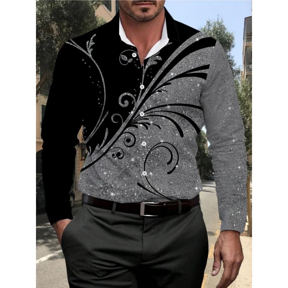 Chemise pour homme à imprimé pailleté, manches longues, motif géométrique, décontractée, col à rever