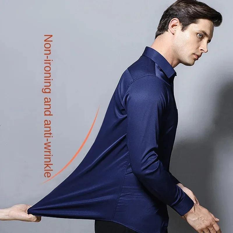 Chemise élastique à manches longues pour hommes, tenue d'affaires décontractée sans repassage, tenue