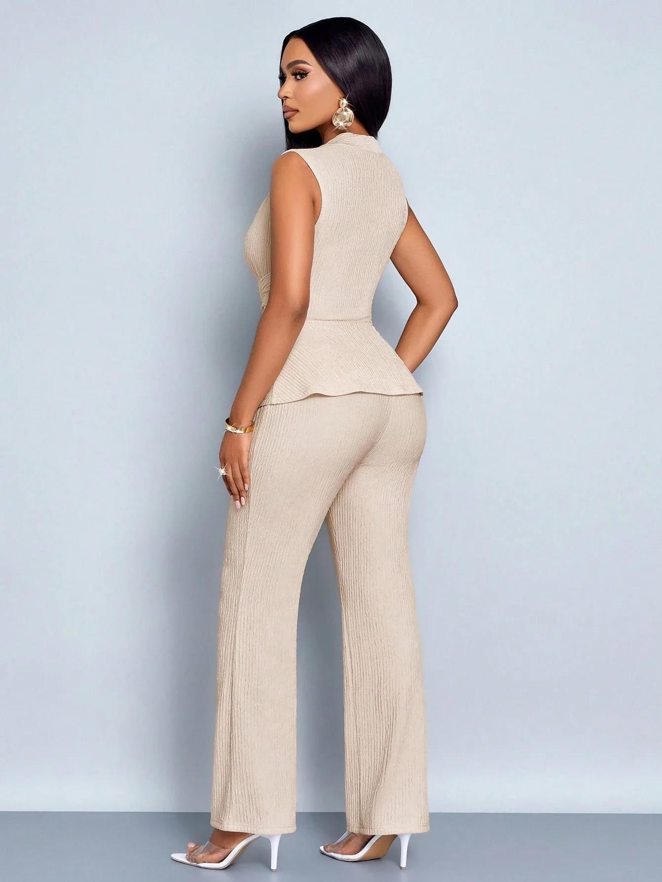 Ensemble deux pièces pour femmes, veste élégante à col en V et pantalon large, couleur abricot