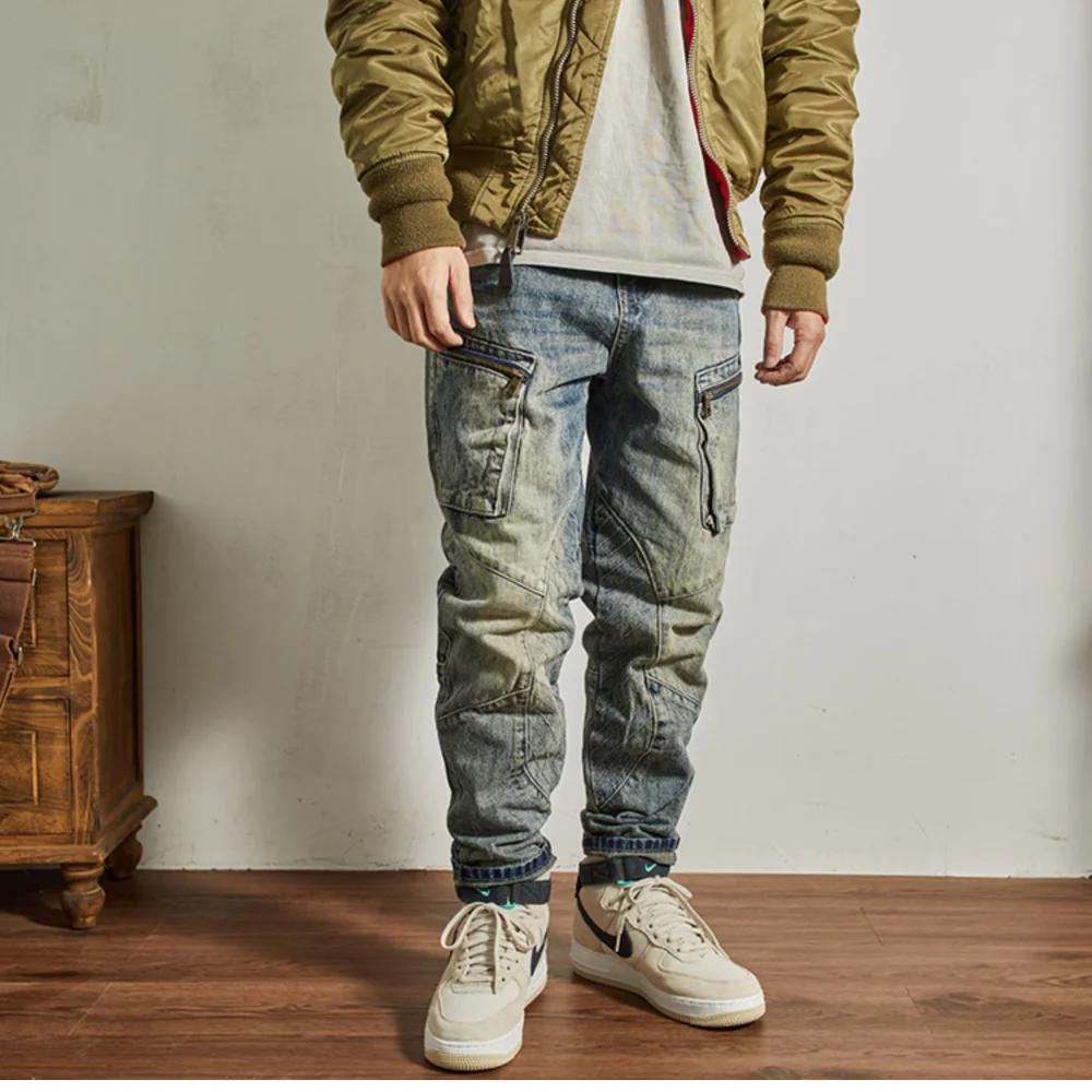 Machete épissage moto jean hommes américain vintage lavage pour faire vieux mince petite jambe droit