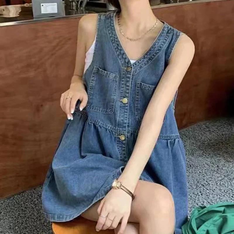 Robe d'été sans manches à bretelles pour femme, style coréen, en jean, coupe ample, mini-robe trapèz