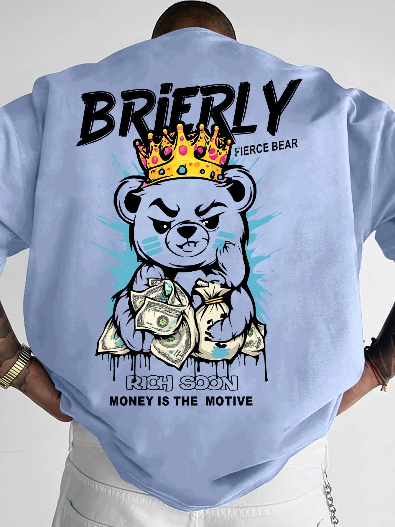 T-shirt col rond pour hommes, confortable et respirant, à la mode, ours en peluche, lettre de riches