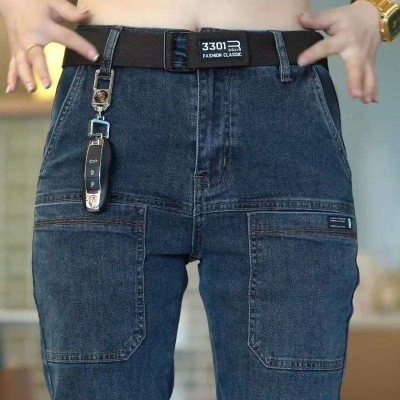 Jeans pour homme à six poches, fins, pour le printemps et l'été, coupe droite élastique, décontracté