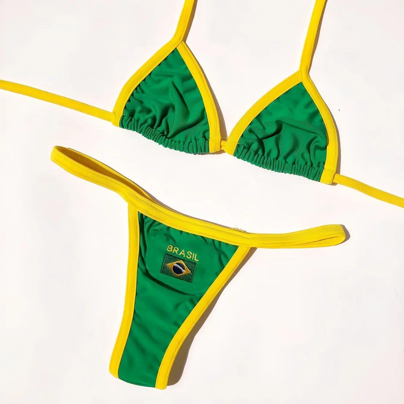 RUOTONSEPT Sexy broderie drapeau du brésil contraste fendu Bikini ensemble femmes maillots de bain P