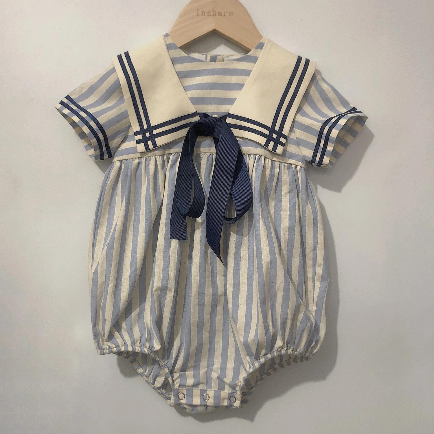Vêtements Boutique pour bébés garçons et filles, barboteuse à rayures bleues et bleu marine, tenue V