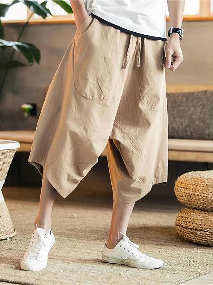 Été mince plage coton lin Shorts décontracté és hommes japonais jambe large Baggy Capris pantalon mâ