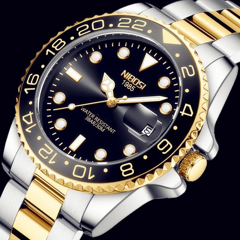 NIBOSI or noir montre hommes Top marque de luxe Quartz hommes montres étanche lumineux en acier inox