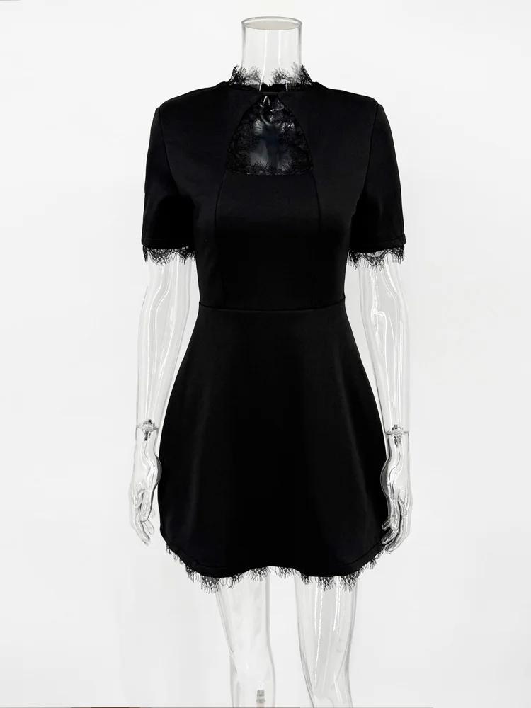 Tossy noir dentelle évider Mini robe femme Patchwork à manches courtes Sexy taille haute robe de soi