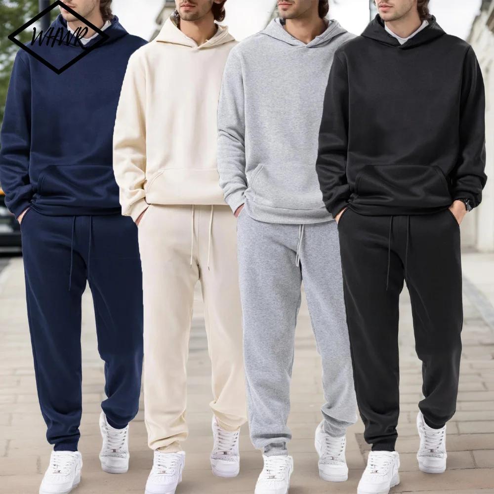 Sweat à capuche + pantalon de jogging pour hommes, couleur unie, ensemble deux pièces, à la mode, vê
