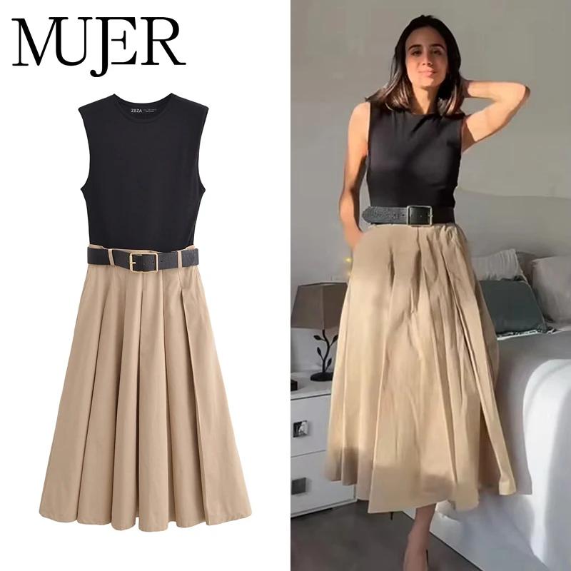 MUJER 2025 femme robes ceinture plissée robe mi-longue femmes sans manches robe d'été femme tricoté 