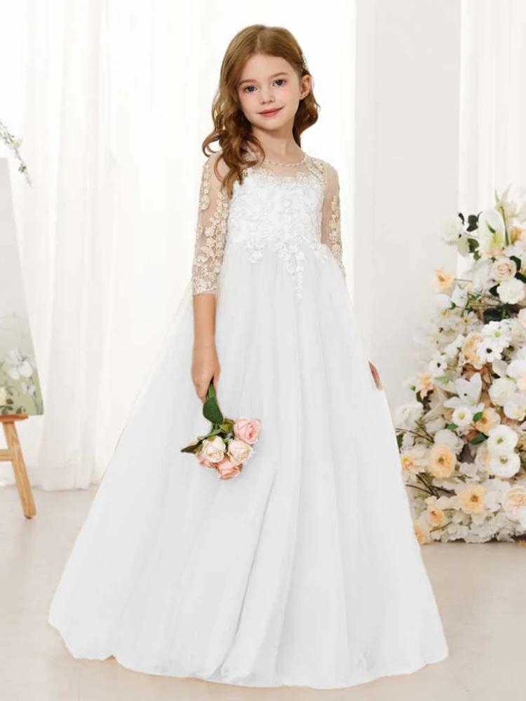 Robe de demoiselle d'honneur en dentelle avec des Appliques florales, manches 3/4, robe de bal en Tu