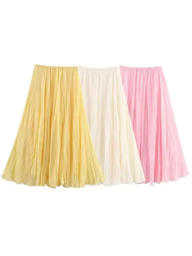 Jupe longue plissée élastique pour femme HH, jupe longue plissée fluide en A, jaune, blanc, rose, po