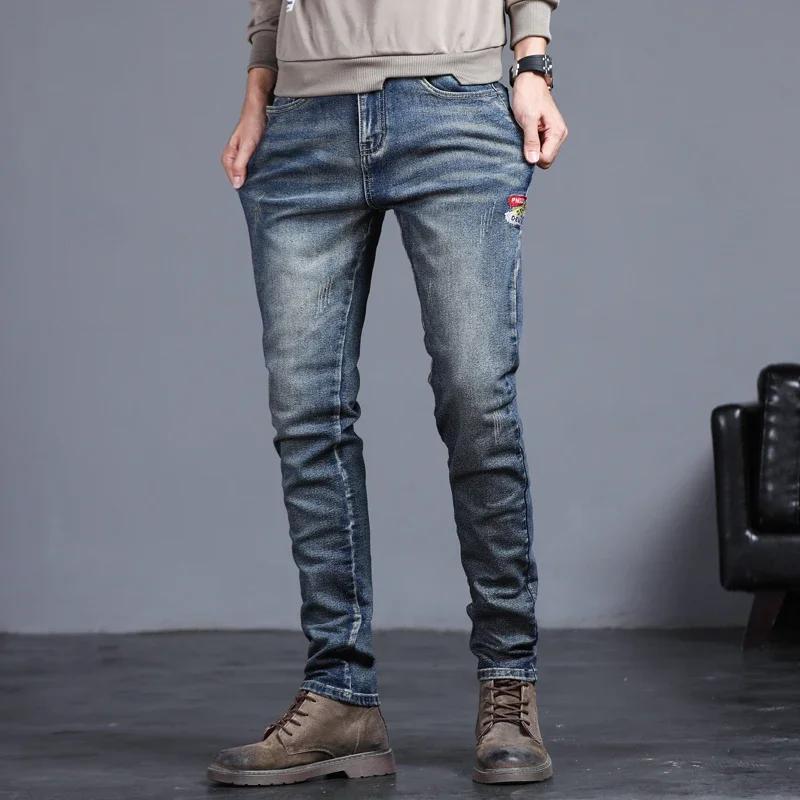 Jeans vintage brodés pour hommes, pantalons en denim Slim, petits pieds, mode coréenne, fjcommisted,