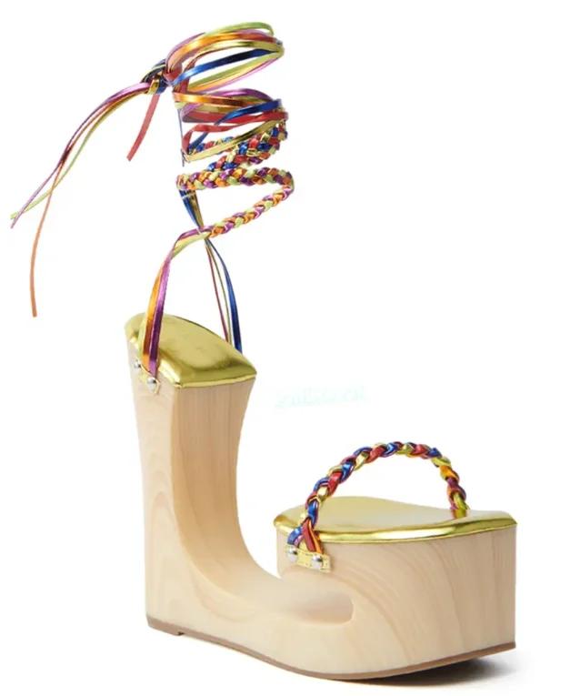 Nouvelle Arrivée Sandales Compensées à Lacets en Bois pour Femme, Rouge Arc-en-ciel, à Brides Croisé