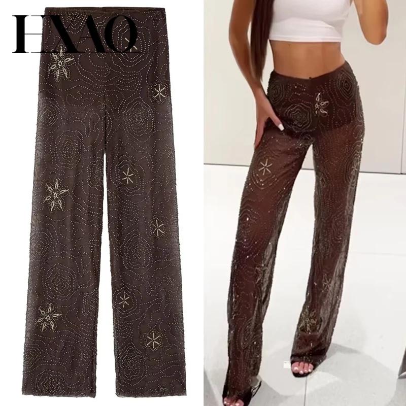 HXAO pantalons pour femmes printemps été 2025 perles marron pantalon paillettes translucides taille 