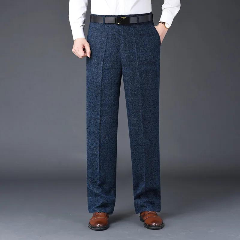 Pantalon de costume plat en cachemire pour hommes, ample, à carreaux, taille haute, classique, droit