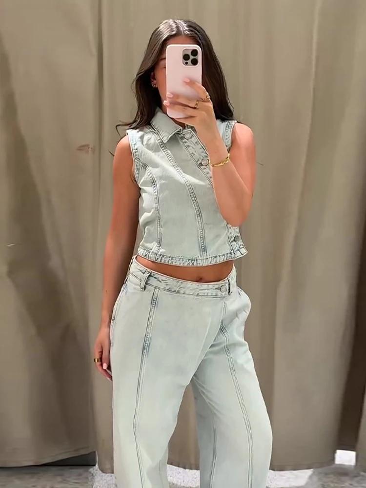 Nouvel ensemble 2026 : Gilet en jean et pantalon pour femme – Veste ajustée sans manches à revers et