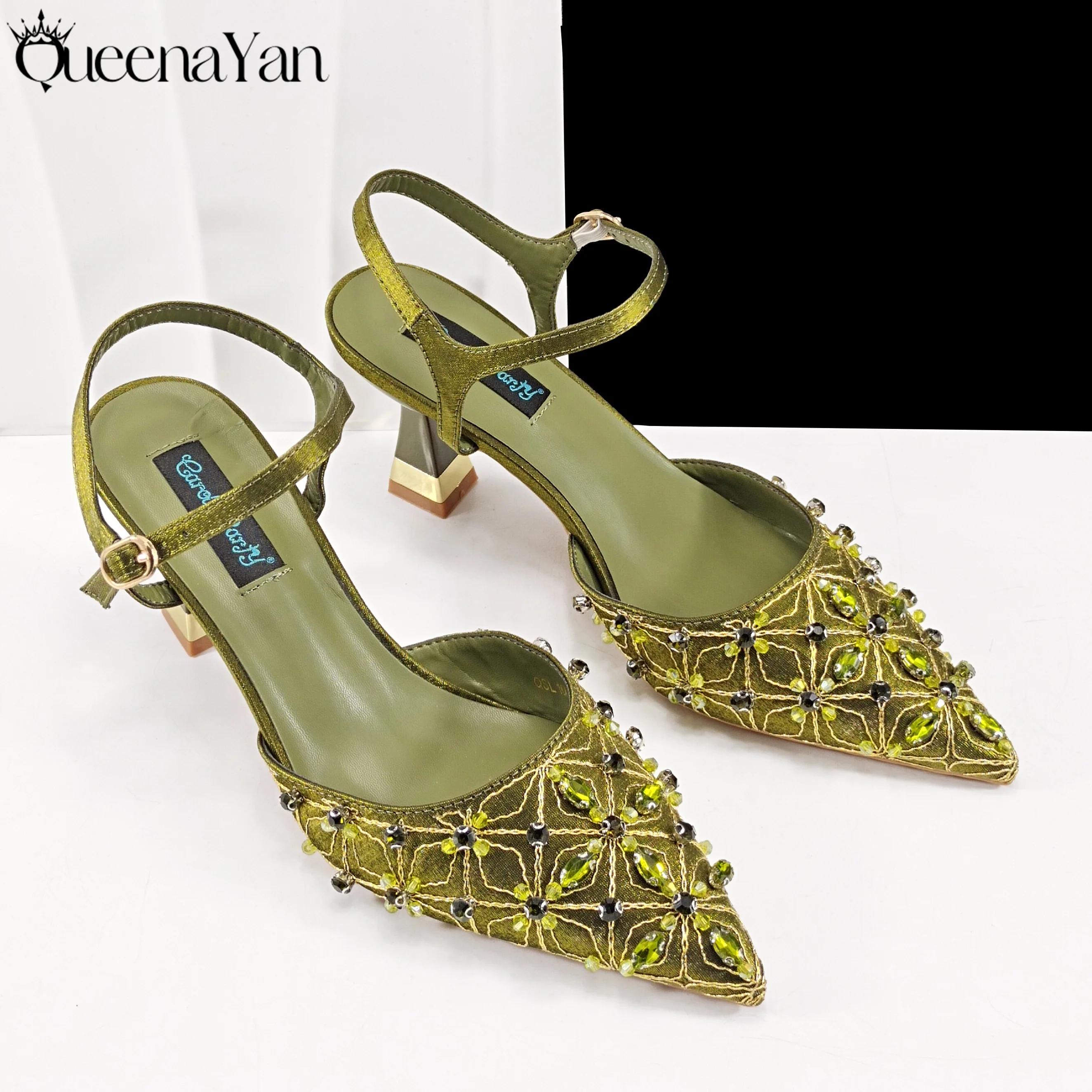 Ensemble de talons hauts et de sacs brodés pour femmes, Style Mature élégant, couleur Olive, bout po