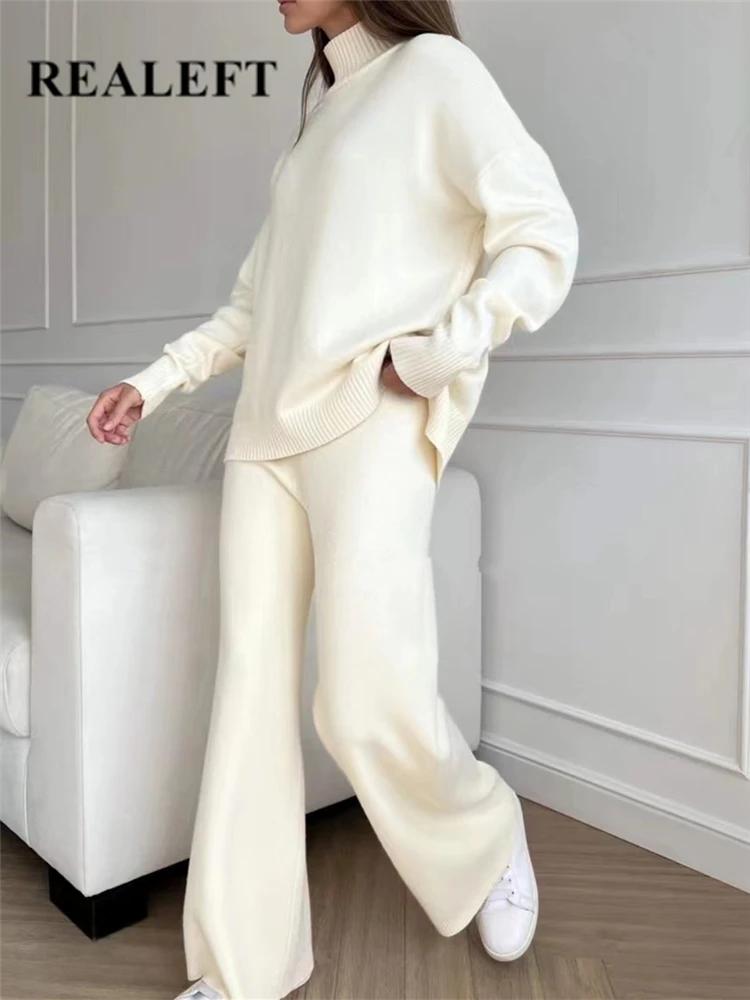 Ensemble 2 pièces pour femme, survêtement tricoté, pull à col roulé et pantalon de Jogging droit, au