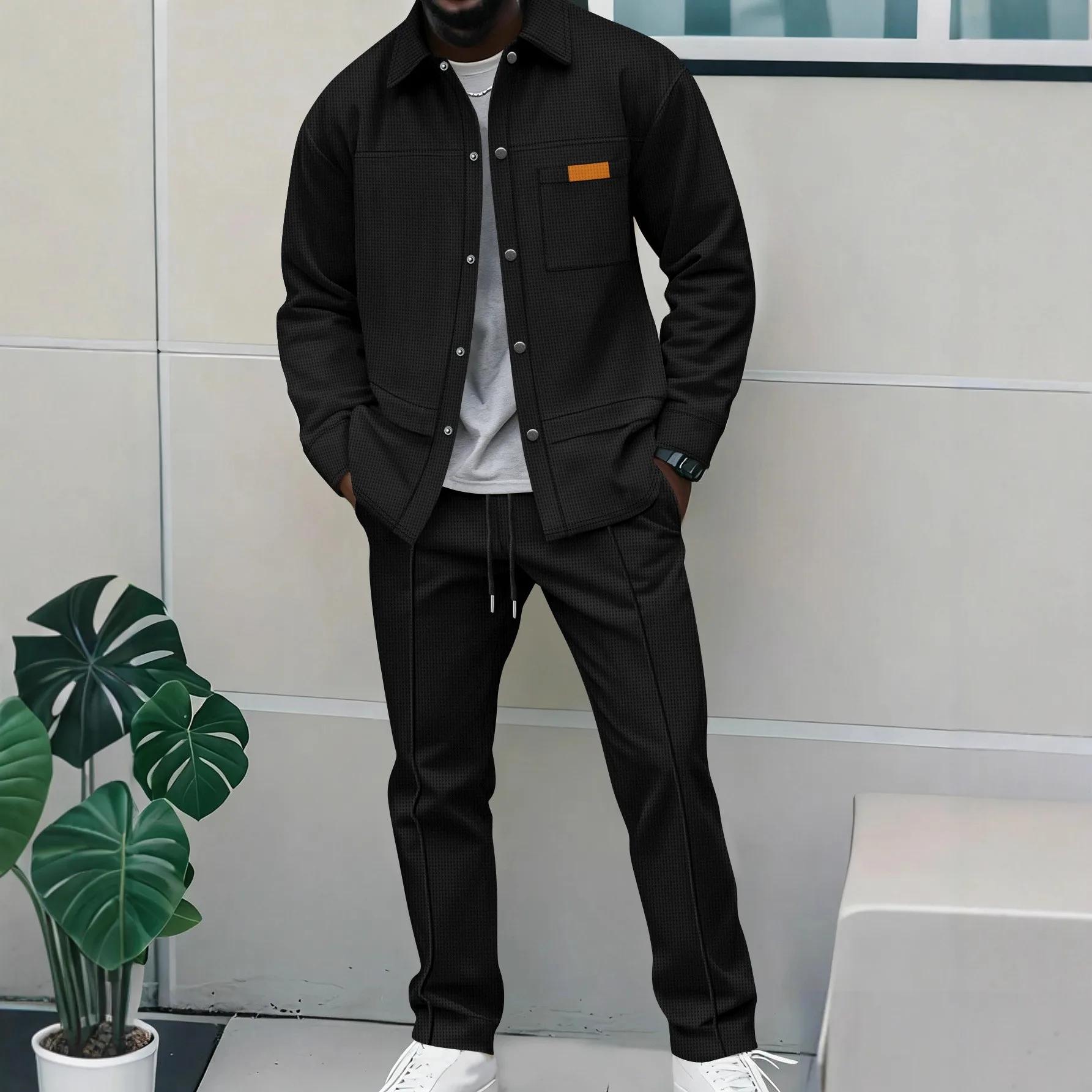 Ensemble veste et pantalon décontracté pour homme, nouveau style 2026, en tissu gaufré uni, avec col