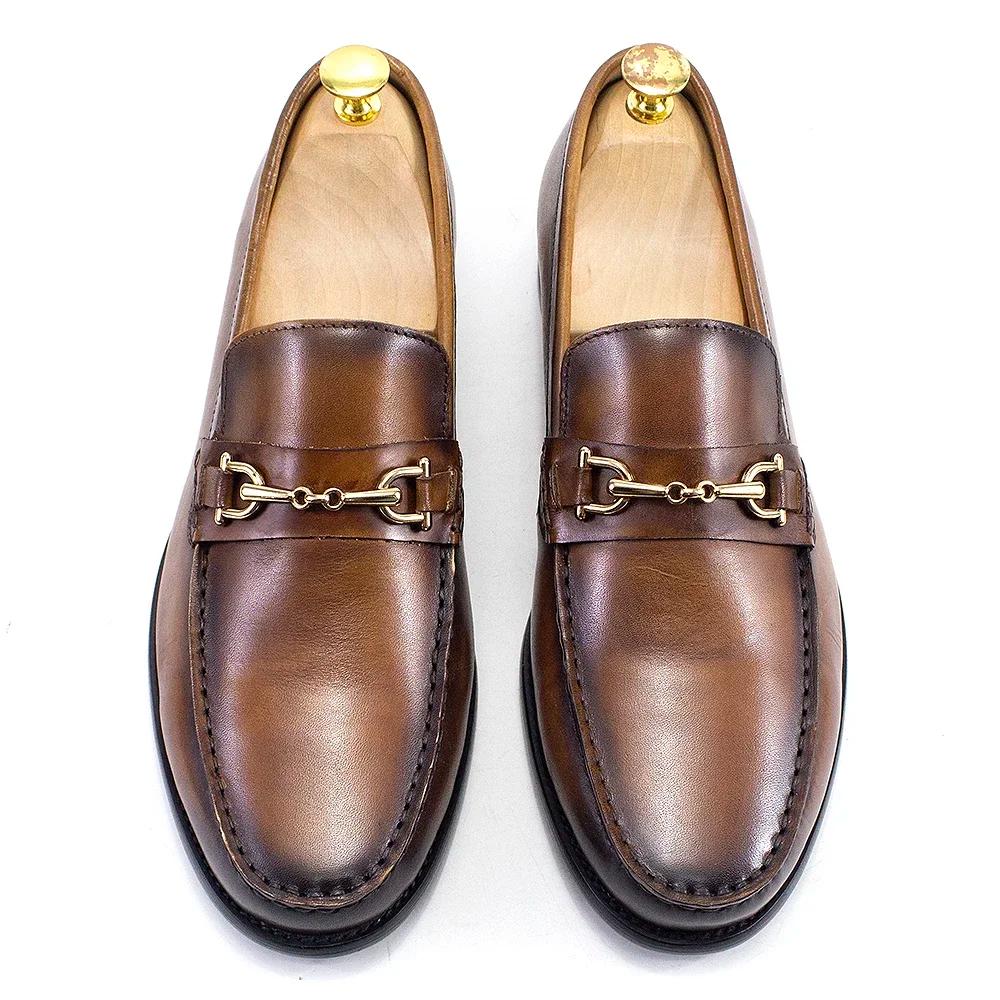 Mocassins en métal de style italien classique pour hommes, cuir véritable, chaussures provoqué à enf