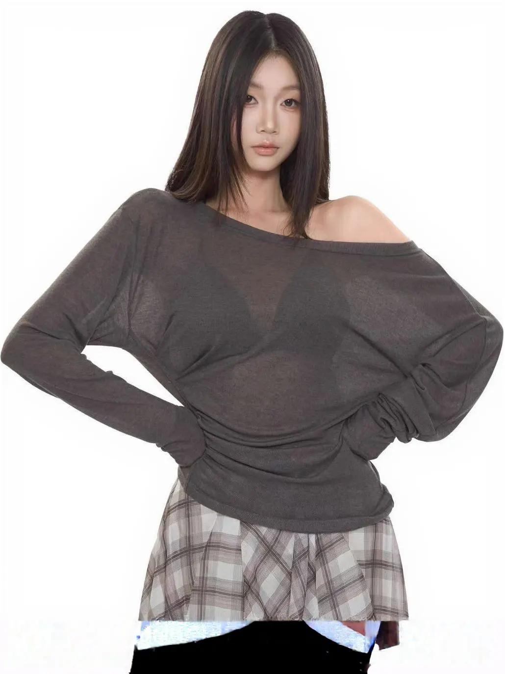 Voir à travers la manches longues surdimensionné t-shirt femmes Sexy dos pansement épaules nues haut