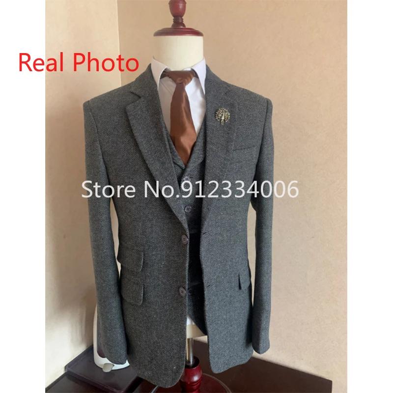 Smoking formel à chevrons pour hommes, tweed de laine grise, veste trempée, pantalon en émail, mode 