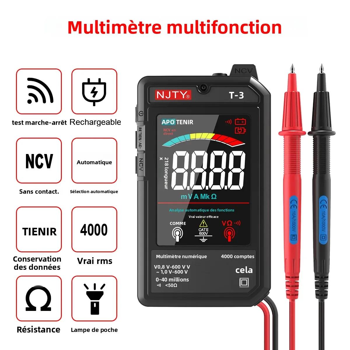 NJTY T3 multimètre numérique intelligent type-c charge automatique 4000 points Ultra-mince NCV fil sous tension affichag