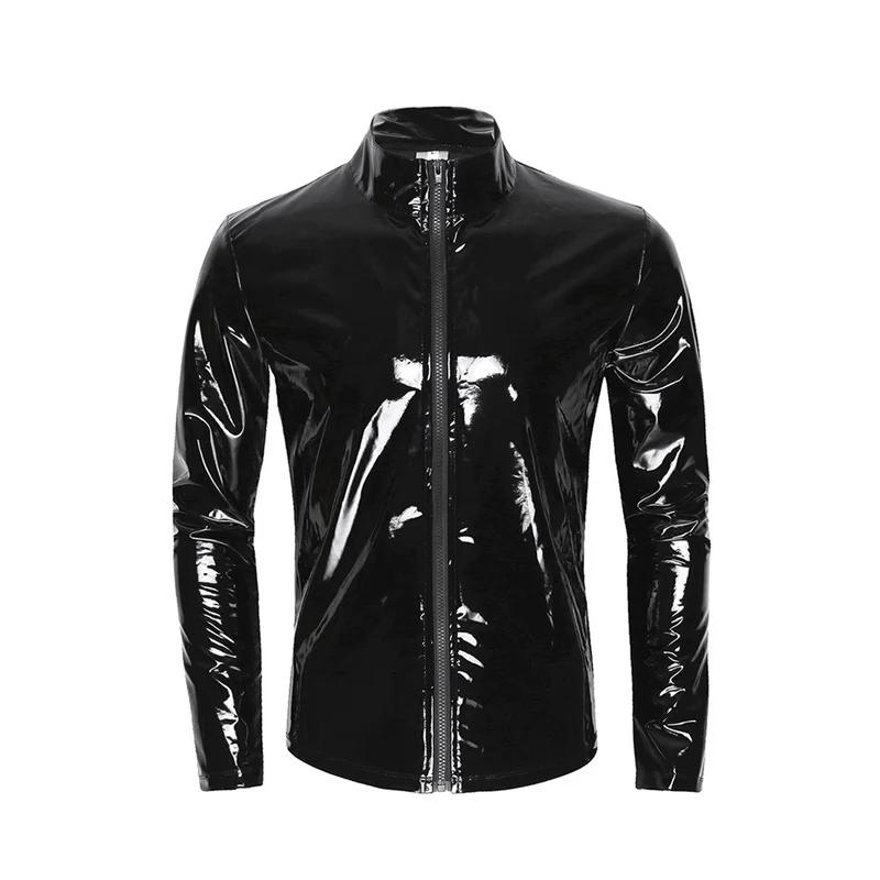 Nouveaux hommes Cardigan à fermeture éclair col montant chemise PVC brillant en cuir verni Sexy serré extensible Latex v