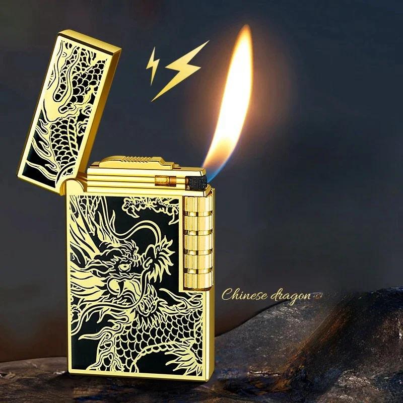 Briquet gonflable en métal et acier, son Dragon chinois, feu Oblique, poulie latérale, allumage de tuyaux de gaz Butane, cadeau pour fumer, 2024