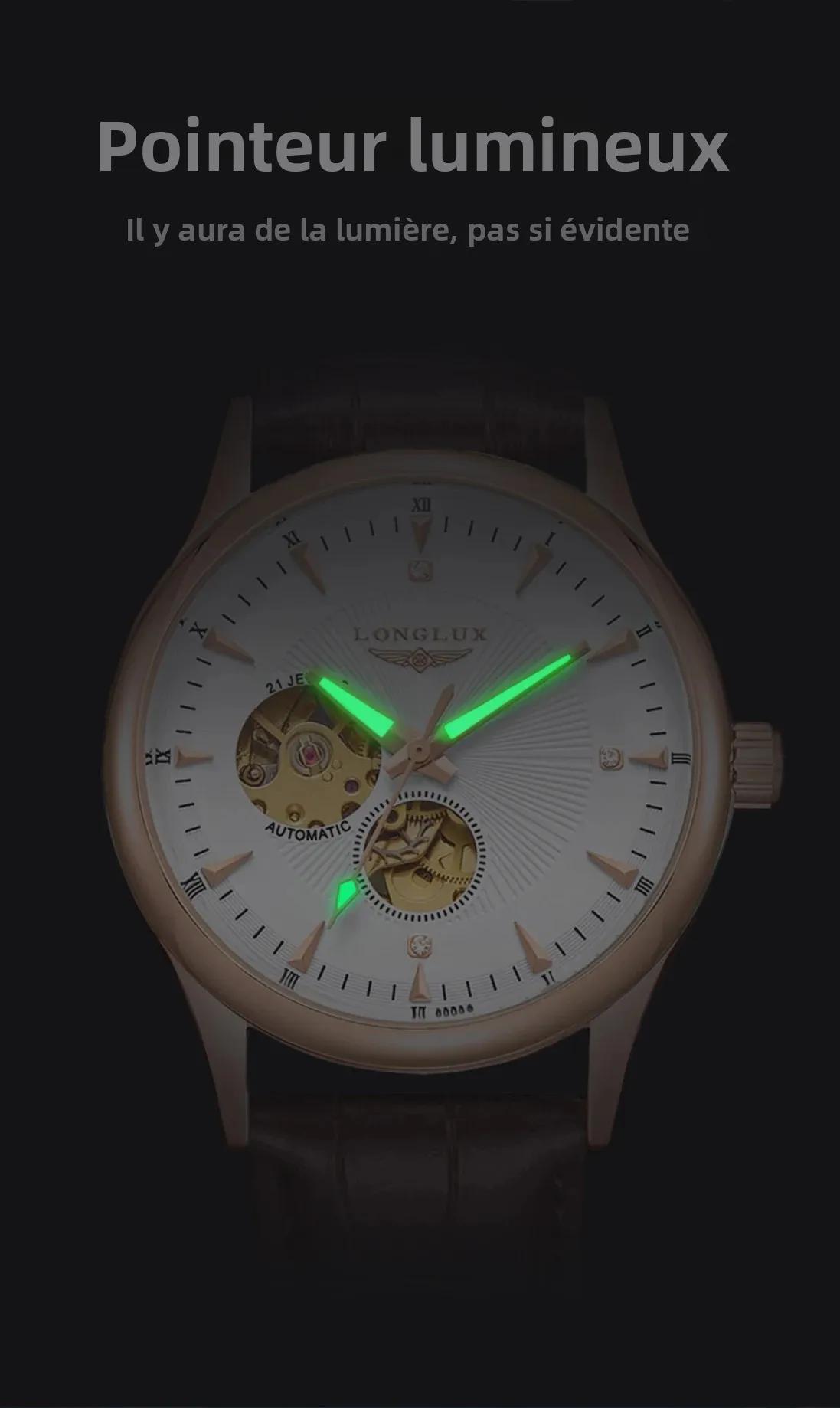 LONGLUX montre automatique style élégant en gros montres mécaniques squelette rome étanche