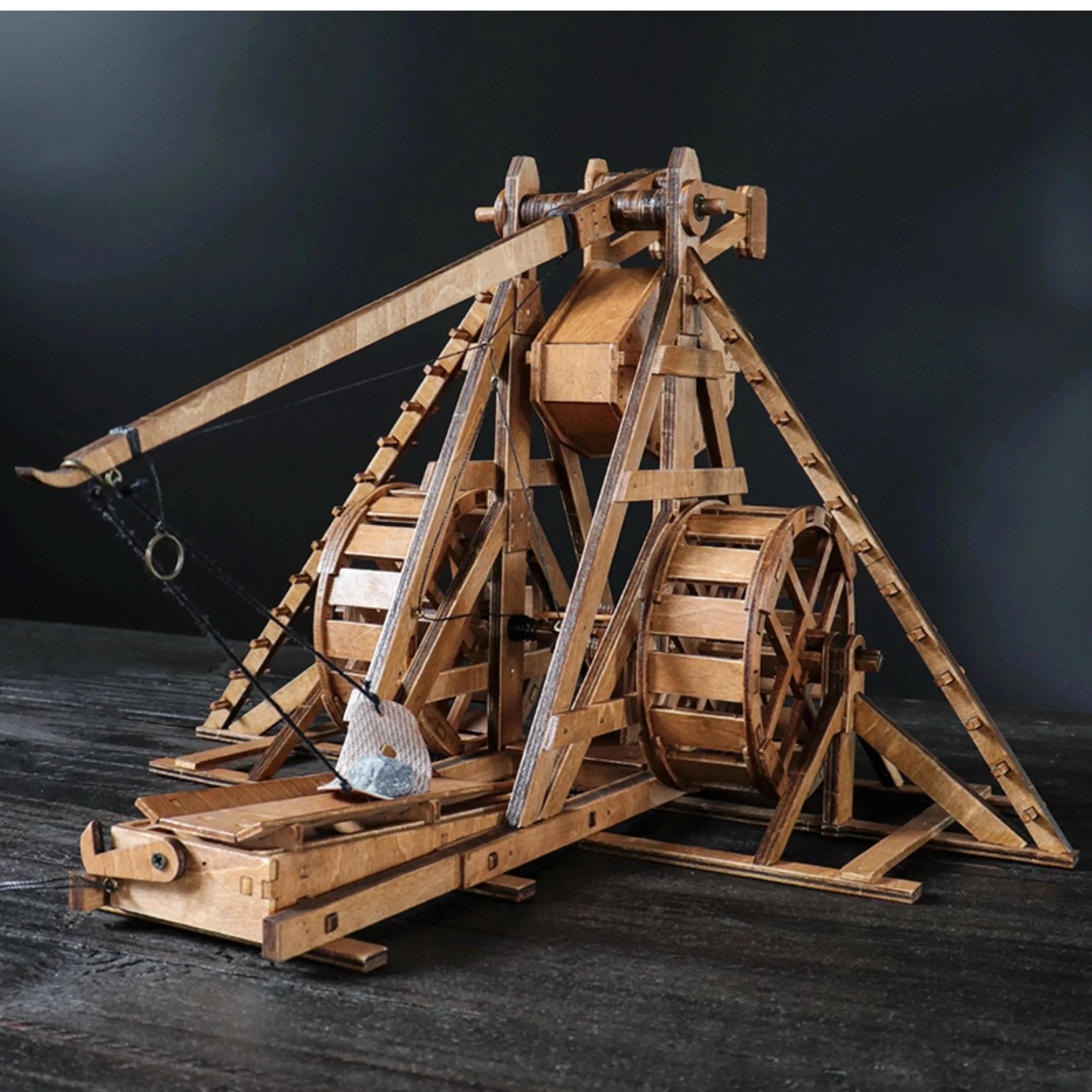 Catapulte Trebuchet à contrepoids rotatif 1:48, bricolage, modèle de Chariot ancien, siège manuel en anglais, voiture, Puzzle 3D en bois, besoin d'assemblage