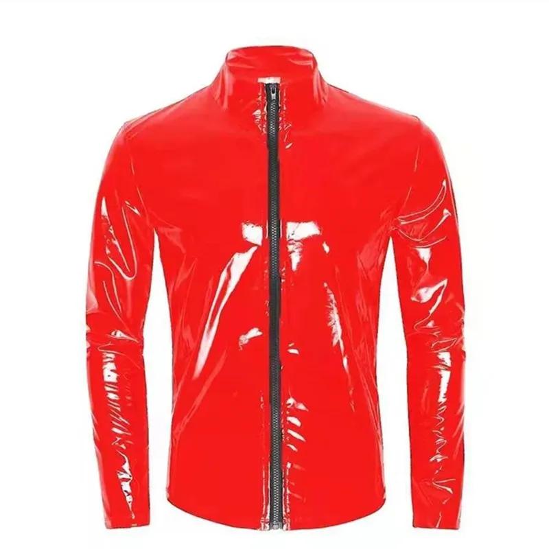 Nouveaux hommes Cardigan à fermeture éclair col montant chemise PVC brillant en cuir verni Sexy serré extensible Latex v