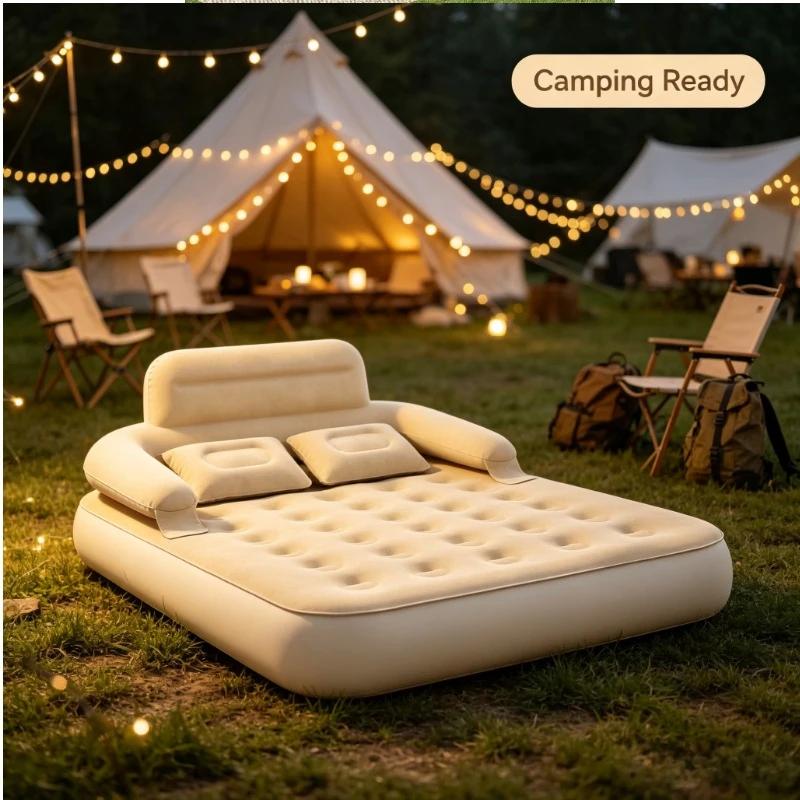 Lit gonflable de camping extérieur, avec dossier + double oreiller, multi-usage pour camping-car/hôtel/chalet/chambre |   Inflation rapide et économie de main-d'œuvre