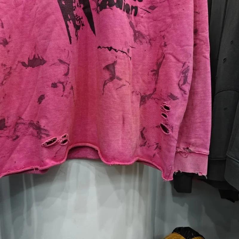 Saint col rond sweat Vintage imprimé trous en détresse lavé délavé unisexe surdimensionné vêtements de sport décontracté