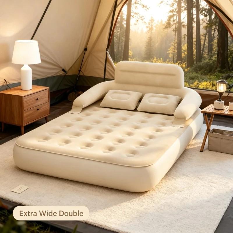 Lit gonflable de camping extérieur, avec dossier + double oreiller, multi-usage pour camping-car/hôtel/chalet/chambre |   Inflation rapide et économie de main-d'œuvre