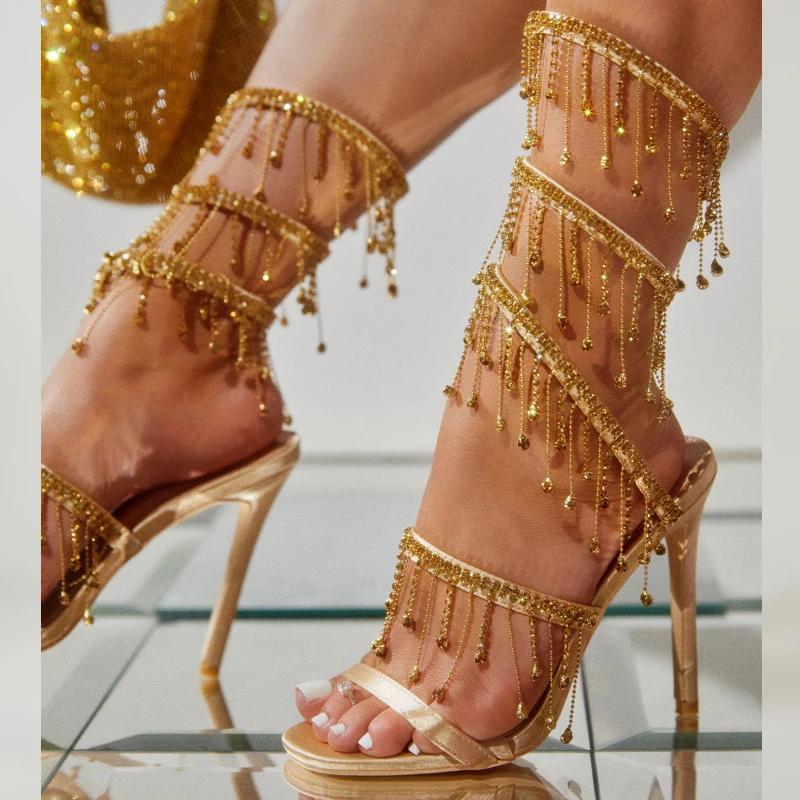 Aneikeh 2026 mode Sexy strass chaîne perle bride à la cheville talons hauts femmes été soie bout rond