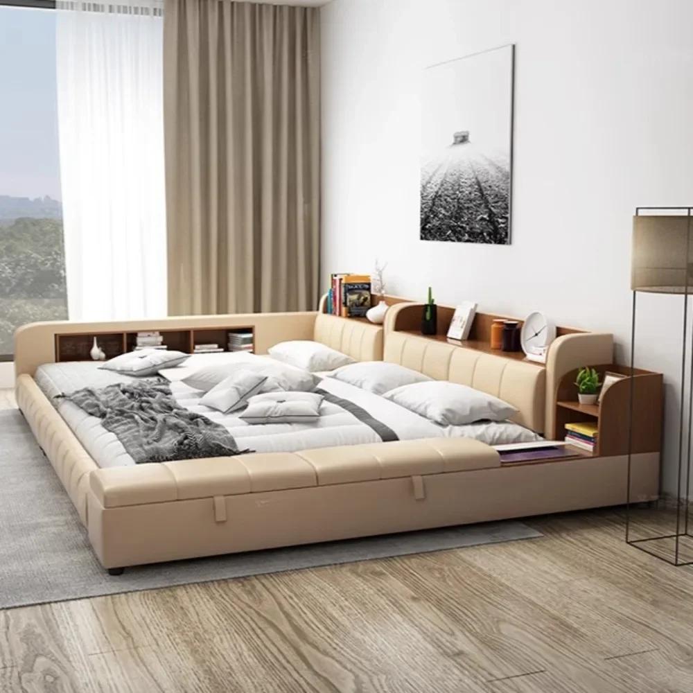 Tête de lit double imperméable minimaliste multifonctionnelle lit de luxe avec tables de chevet japonaises pour meubles de chambre élégants et pratiques