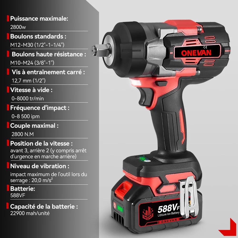 ONEVAN 8000 tr/min 2800N.M clé à chocs électrique sans brosse tournevis de réparation de voiture sans fil perceuse outil
