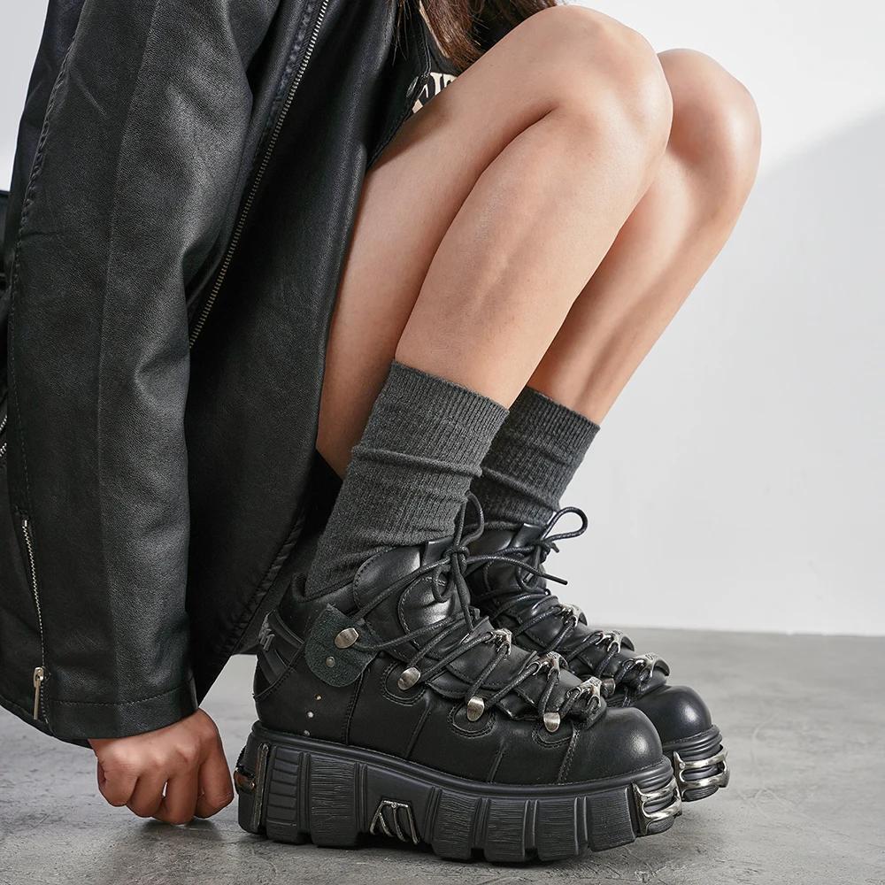 Nouvelles Chaussures Femme Style Punk 2026 – Bottes Rock à Lacets avec Plateforme et Talon de 6 cm