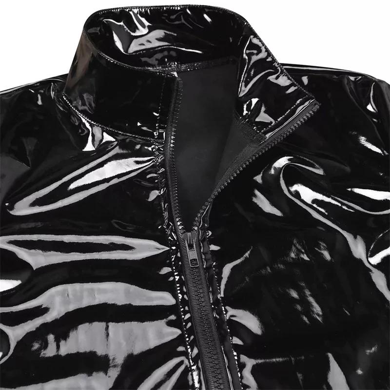 Nouveaux hommes Cardigan à fermeture éclair col montant chemise PVC brillant en cuir verni Sexy serré extensible Latex v