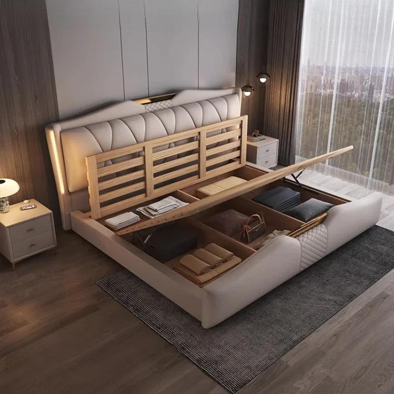 Lit double de luxe 200x220cm avec tête de lit, cadre Queen Size, 3 tiroirs de rangement, pour chambre principale, mobilier de maison