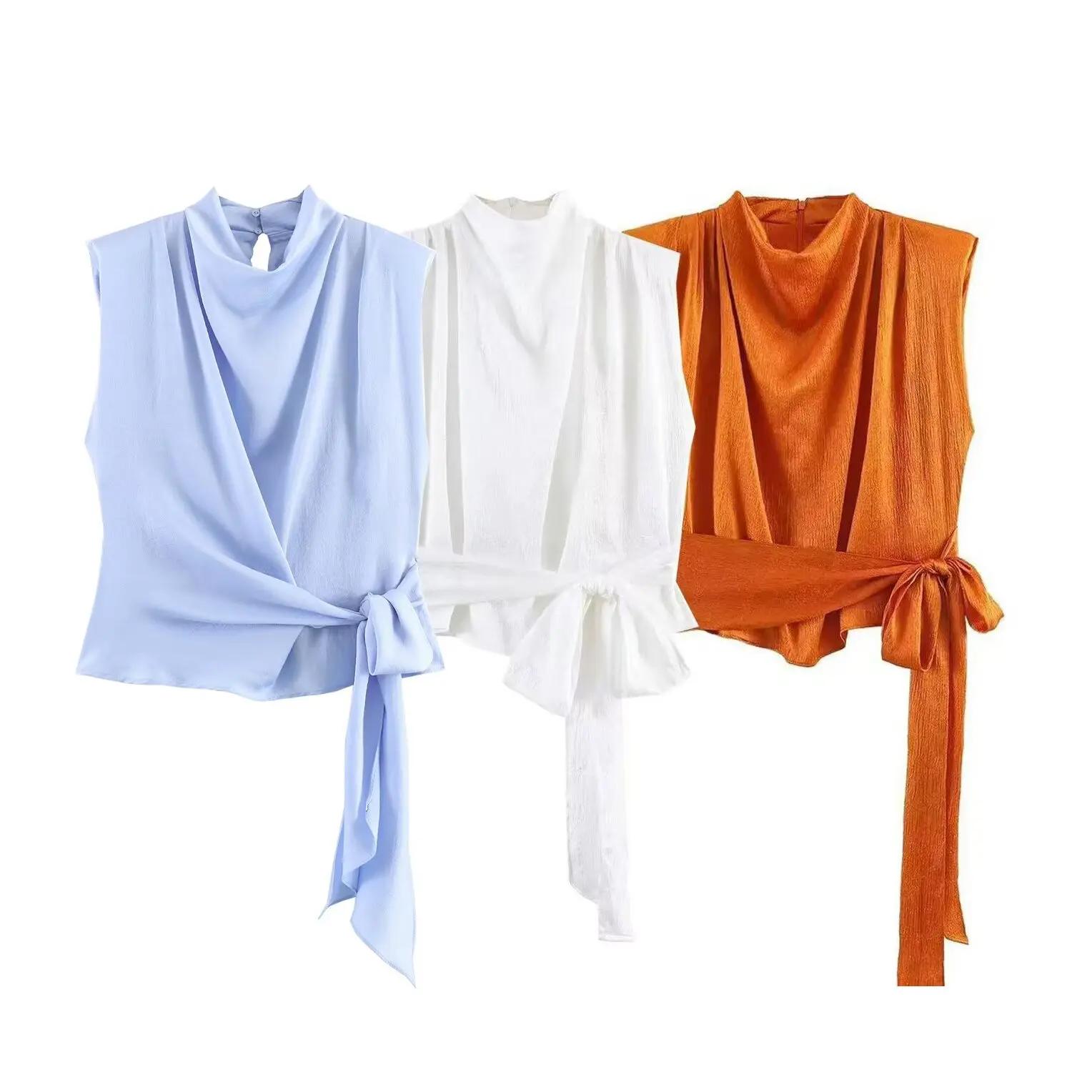 Haut pour femme Nouvelle Collection Printemps 2026 Orange Sans Manches Texture Satinée Longue Tresse Élégant et Stylé Te